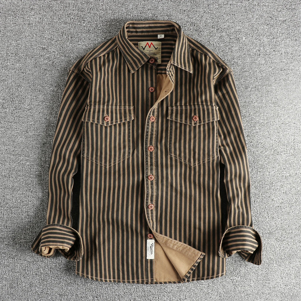 2025 Autumn And Winter New American Retro Stripe Long-Sleeve Lapel Shirt Men's Simple Fashion Washed Multi-pocket Casual Blouses 0