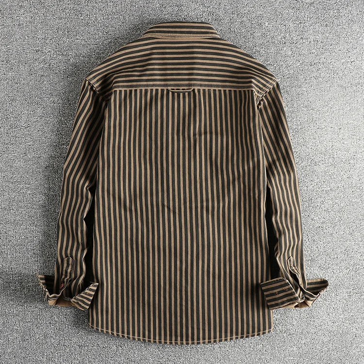 2025 Autumn And Winter New American Retro Stripe Long-Sleeve Lapel Shirt Men's Simple Fashion Washed Multi-pocket Casual Blouses 1