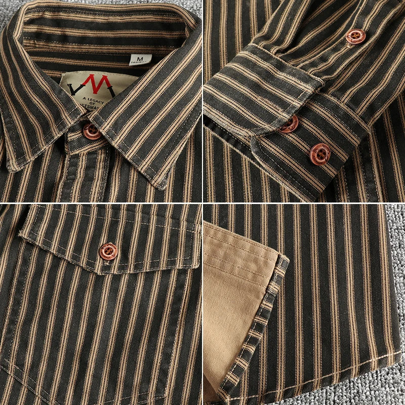 2025 Autumn And Winter New American Retro Stripe Long-Sleeve Lapel Shirt Men's Simple Fashion Washed Multi-pocket Casual Blouses 3
