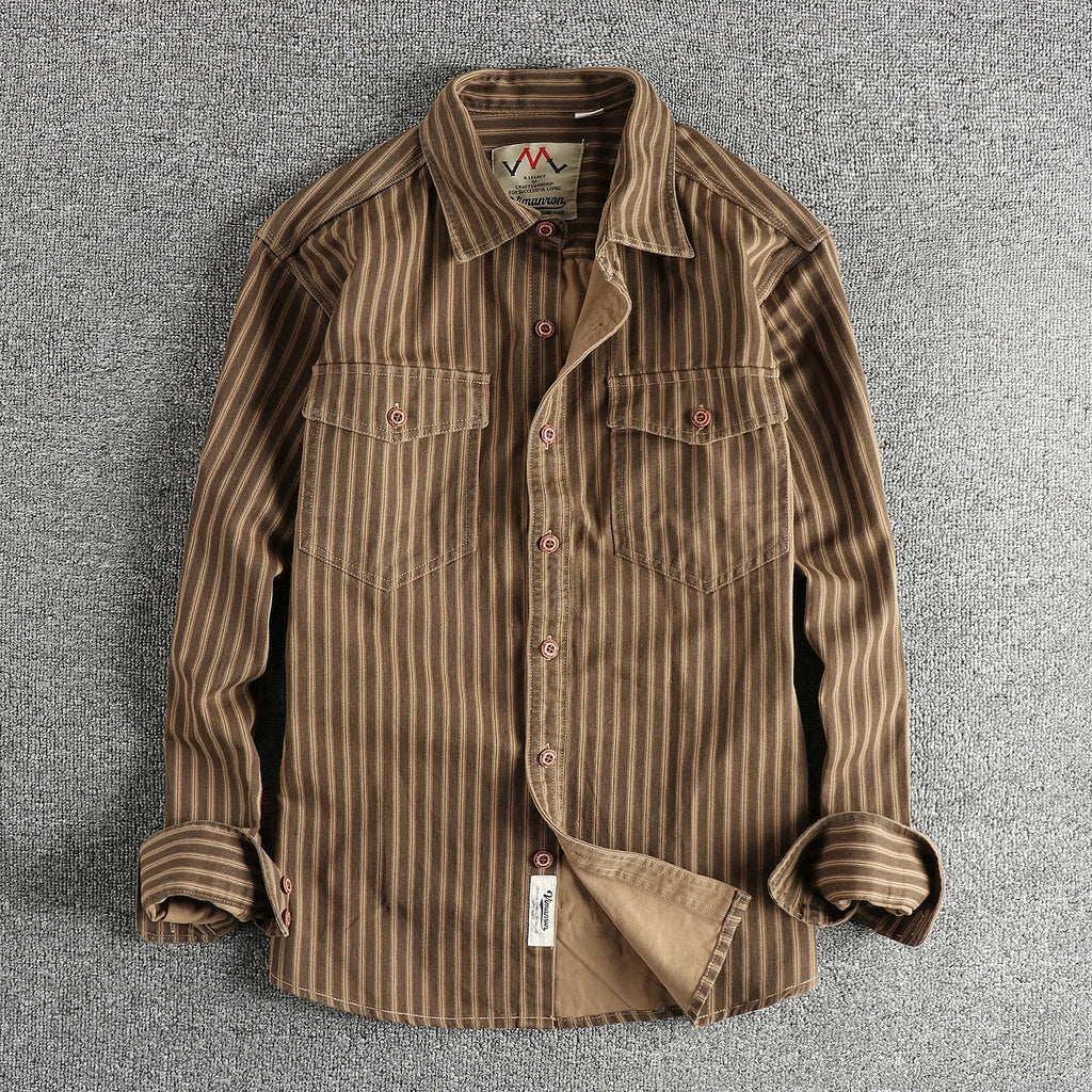 2025 Autumn And Winter New American Retro Stripe Long-Sleeve Lapel Shirt Men's Simple Fashion Washed Multi-pocket Casual Blouses 5