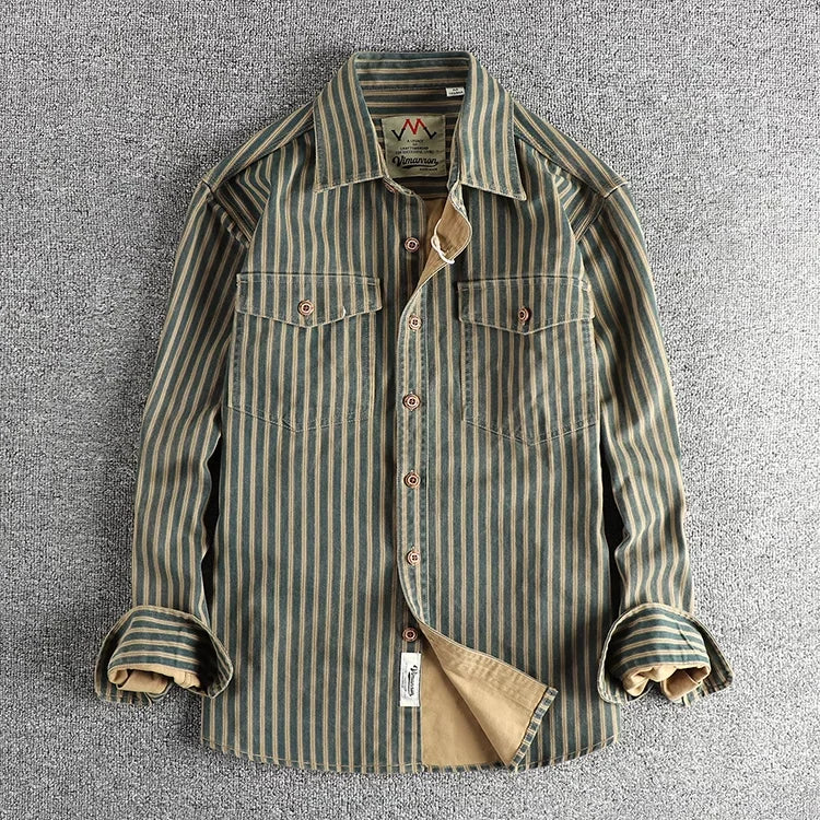 2025 Autumn And Winter New American Retro Stripe Long-Sleeve Lapel Shirt Men's Simple Fashion Washed Multi-pocket Casual Blouses 6