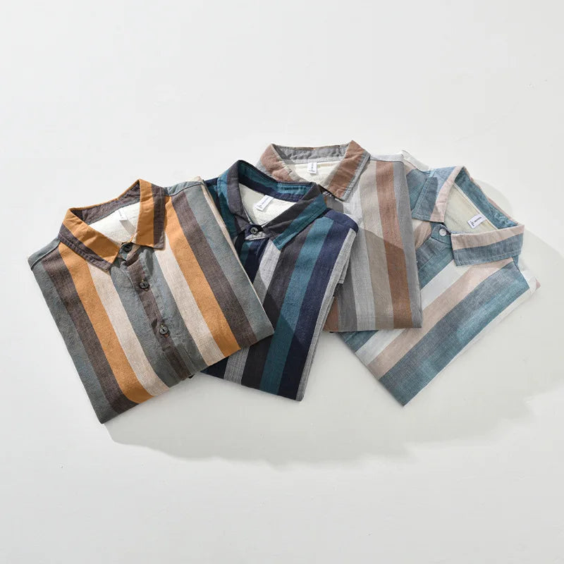 2436 Striped Linen Shirt for Men Spring Summer Fashion Long Sleeve Loose Fit Vintage Lapel Blouse Business Casual Daily Top Male 1