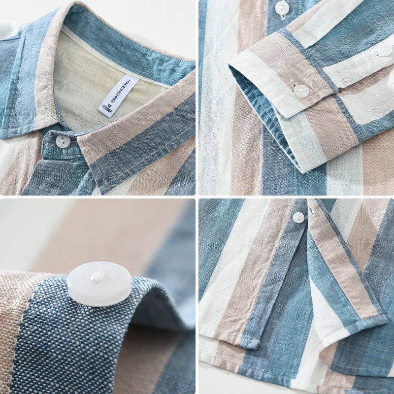 2436 Striped Linen Shirt for Men Spring Summer Fashion Long Sleeve Loose Fit Vintage Lapel Blouse Business Casual Daily Top Male 2