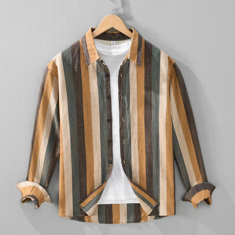 2436 Striped Linen Shirt for Men Spring Summer Fashion Long Sleeve Loose Fit Vintage Lapel Blouse Business Casual Daily Top Male 3