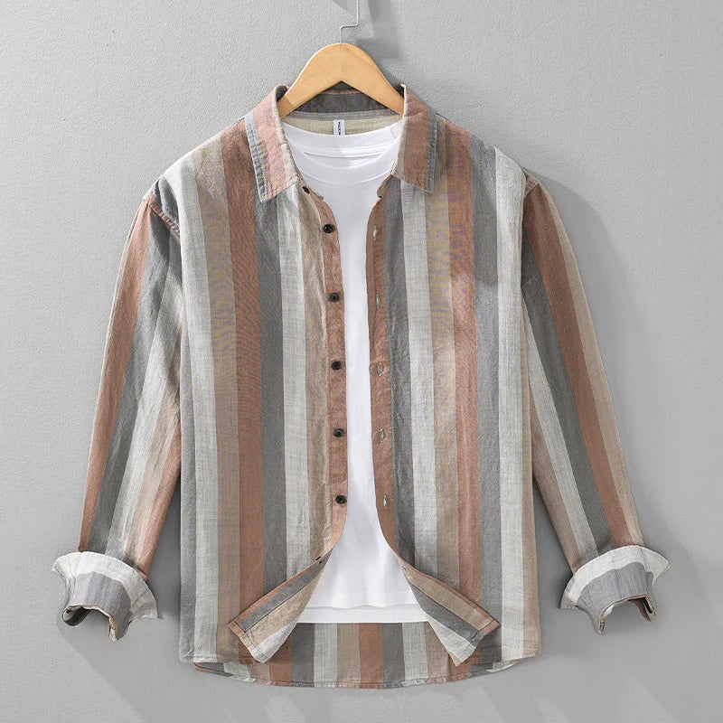 2436 Striped Linen Shirt for Men Spring Summer Fashion Long Sleeve Loose Fit Vintage Lapel Blouse Business Casual Daily Top Male 5