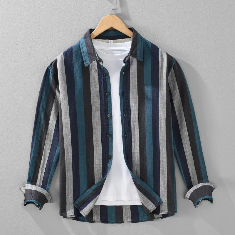 2436 Striped Linen Shirt for Men Spring Summer Fashion Long Sleeve Loose Fit Vintage Lapel Blouse Business Casual Daily Top Male 6