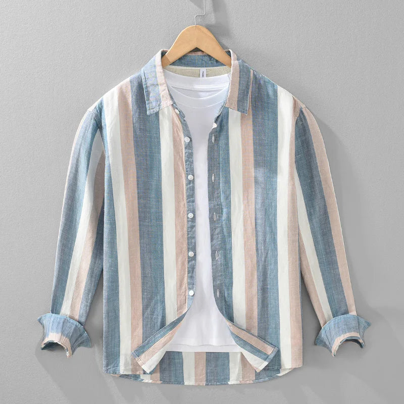 2436 Striped Linen Shirt for Men Spring Summer Fashion Long Sleeve Loose Fit Vintage Lapel Blouse Business Casual Daily Top Male 7
