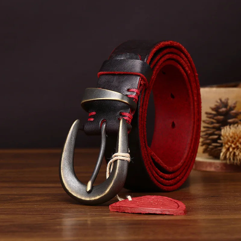 3.3cm Belt Fashion Men's Luxury Designer Cowskin Belts for Jeans Genuine Leather Strap Copper Buckle Cummerbunds Ceinture Homme 0