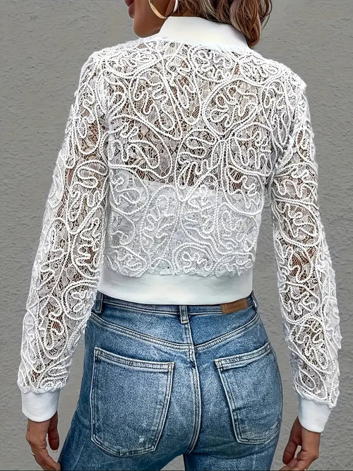 “Celeste Lace-Trimmed Cropped Bomber Jacket” 1