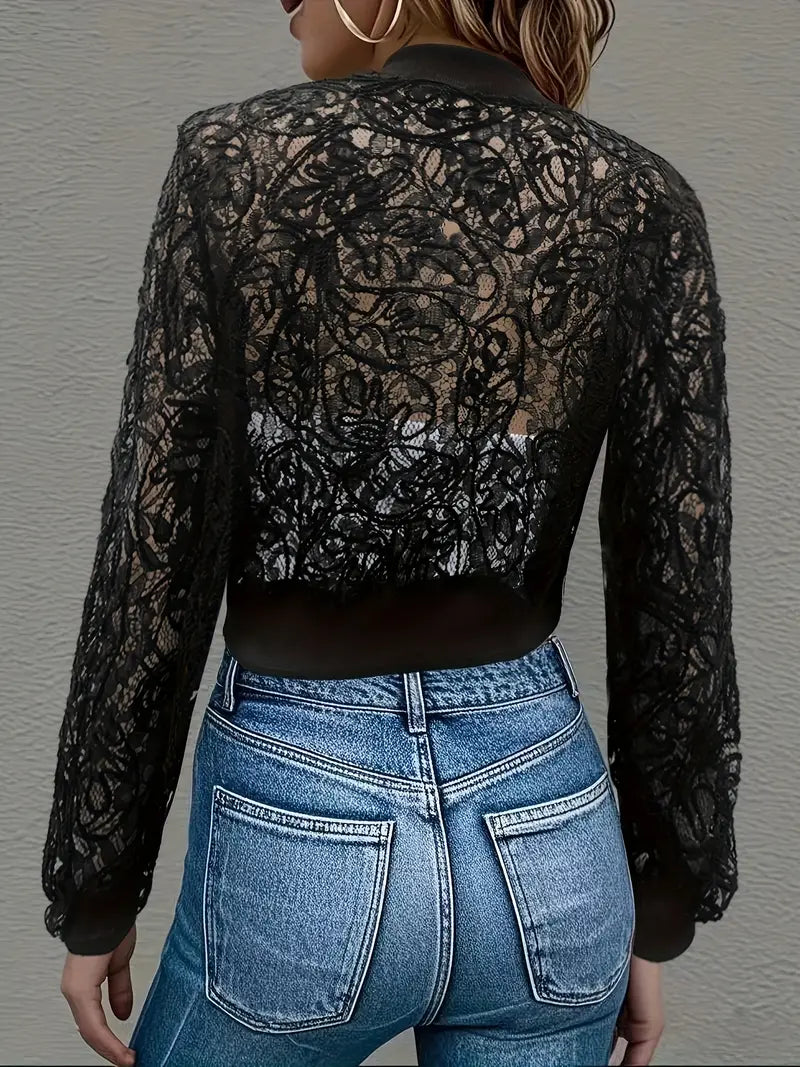 “Celeste Lace-Trimmed Cropped Bomber Jacket” 5