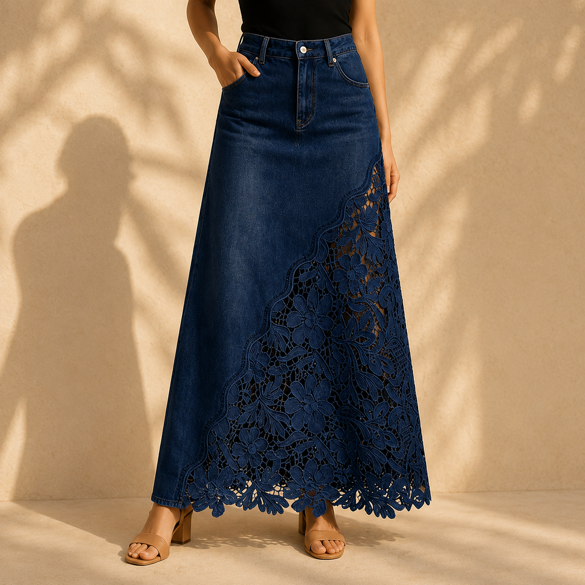 Lucia Lace Skirt in Navy, full-length front view