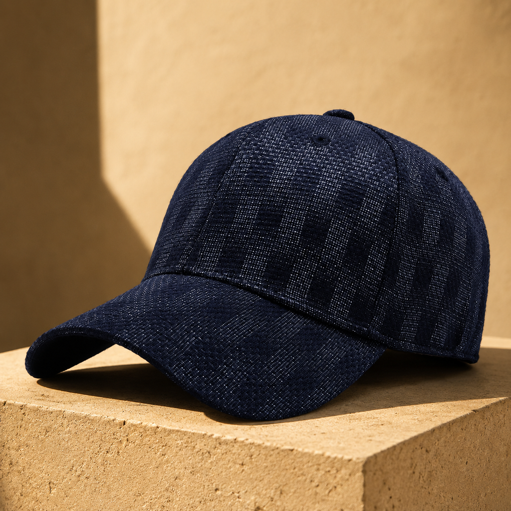 Palermo Plaid Cap in navy, worn-in daylight
