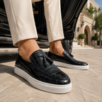 Cosimo Tassel Loafer worn on model, black