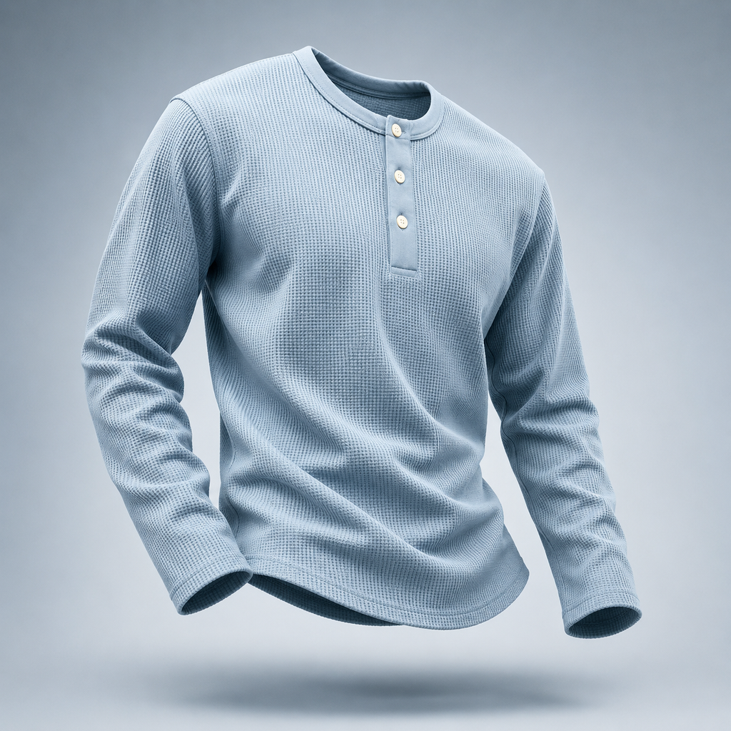 Stefano Waffle-Knit Henley in light blue, front