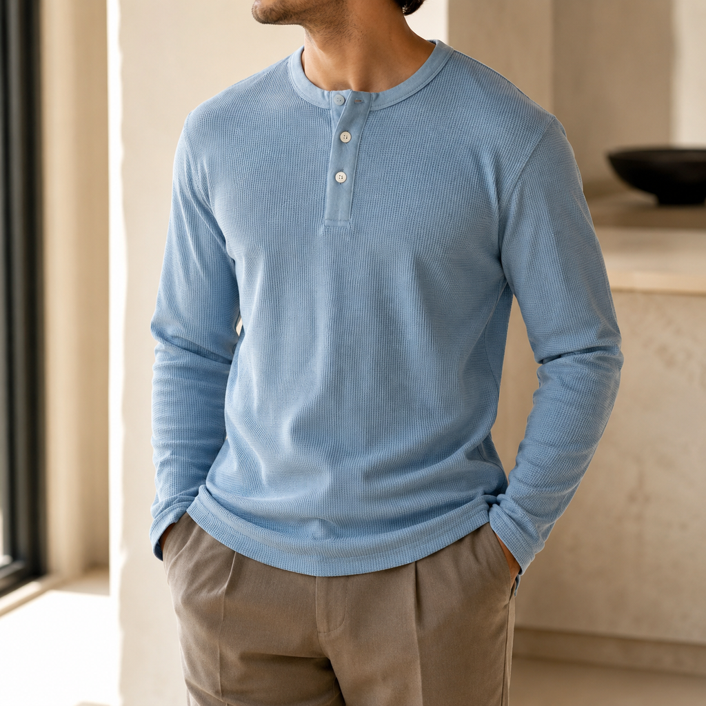 Stefano Waffle-Knit Henley in light blue, worn
