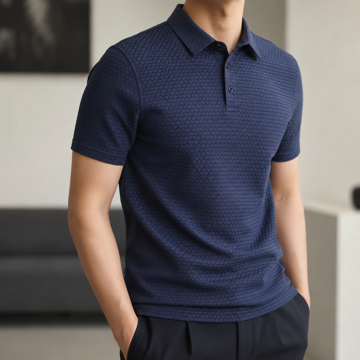 Raso Silk-Blend Polo in navy, worn