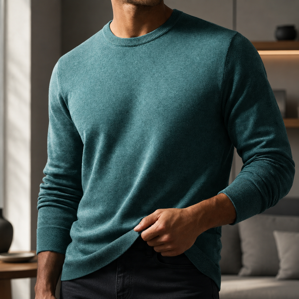 Rivor Lightweight Knit Crewneck in teal, worn