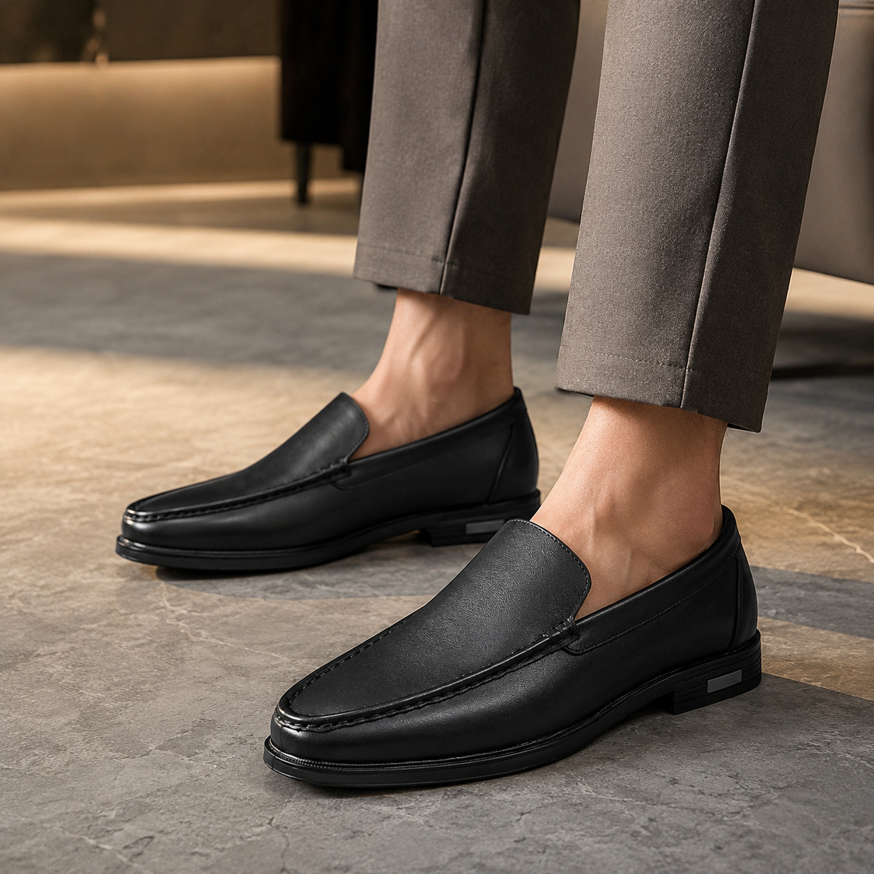 Verona Soft Leather Loafer in black, worn