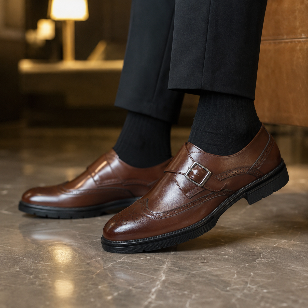 Sarto Wingtip Monk-Strap Shoe in brown, worn