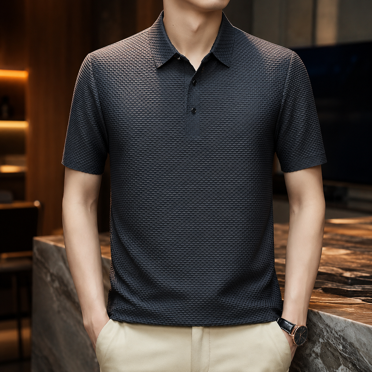 Giulio Waffle-Knit Polo worn, lifestyle