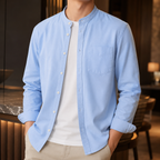 Lino Soft Cotton Band-Collar Shirt worn, lifestyle