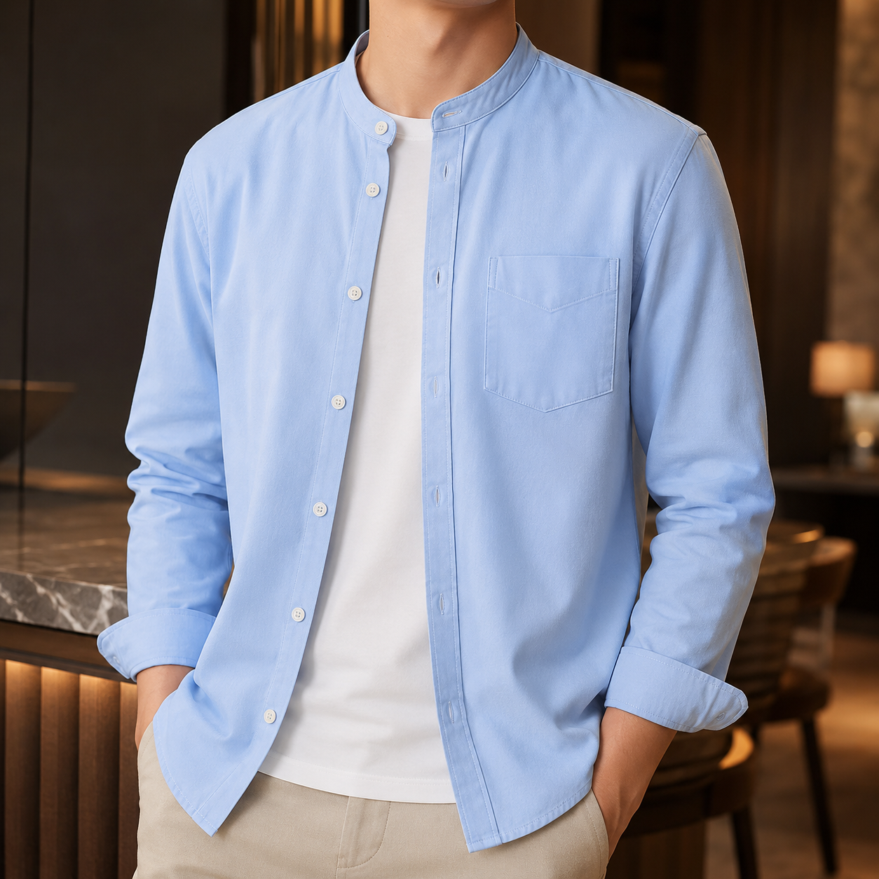 Lino Soft Cotton Band-Collar Shirt worn, lifestyle