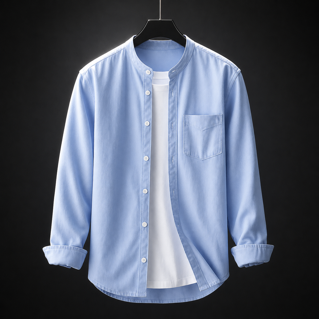 Lino Soft Cotton Band-Collar Shirt in sky blue
