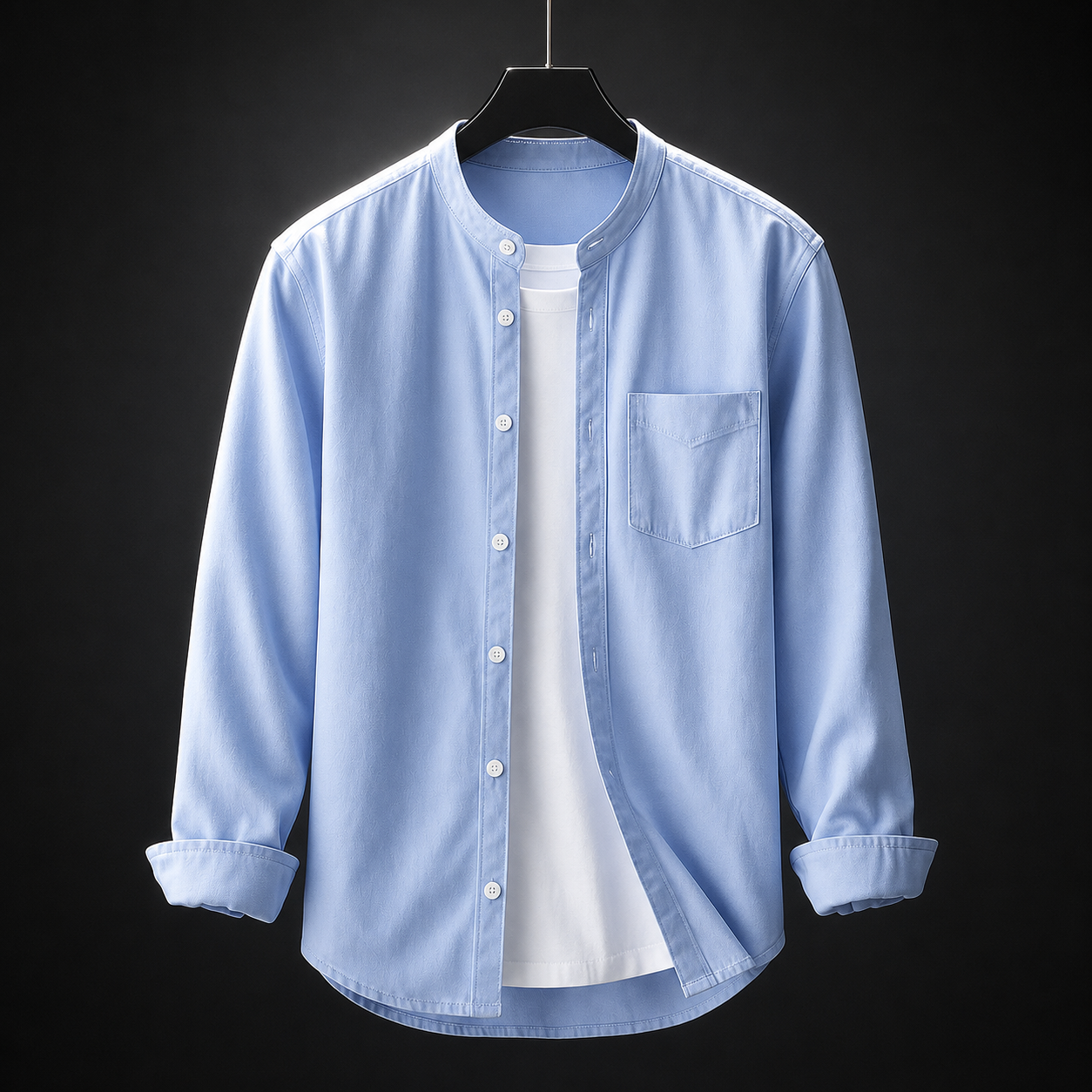 Lino Soft Cotton Band-Collar Shirt in sky blue