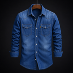 Cesare Washed Denim Western Shirt in dark blue