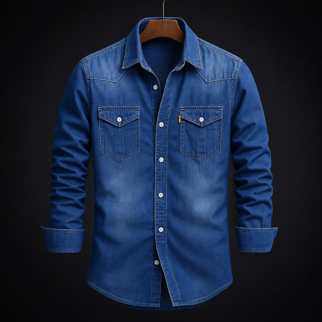 Cesare Washed Denim Western Shirt in dark blue