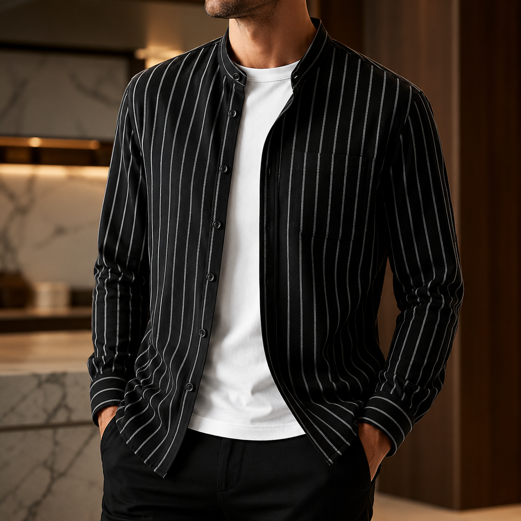 Carlo Pinstripe Cotton-Linen Shirt worn, lifestyle