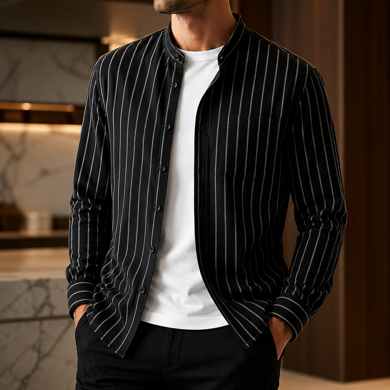Carlo Pinstripe Cotton-Linen Shirt worn, lifestyle