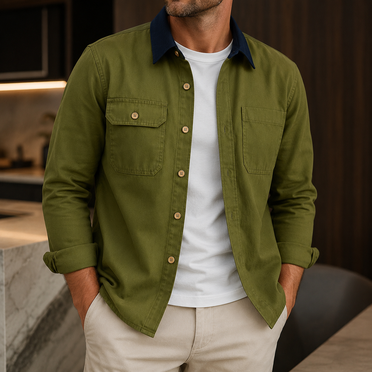 Franco Contrast-Collar Cotton Overshirt worn, lifestyle