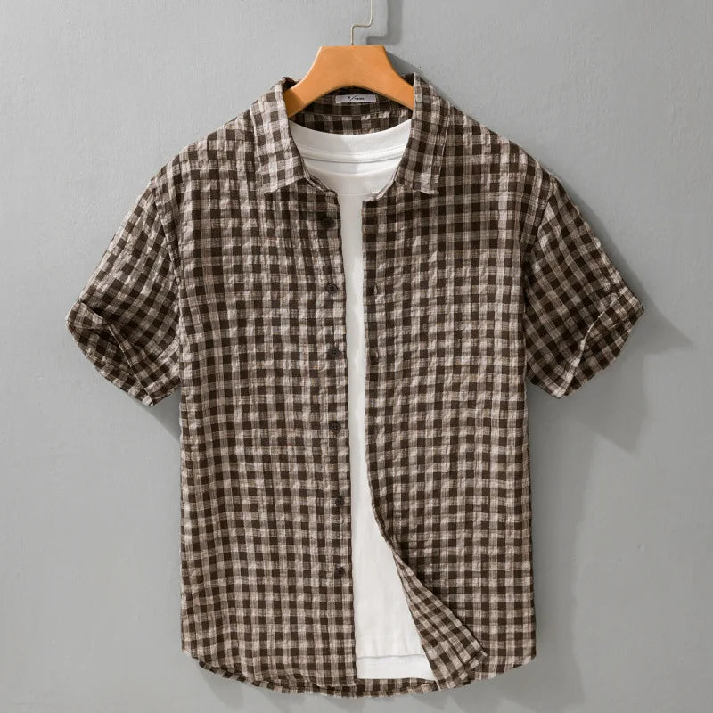 Loose Men's Summer Short Sleeve Shirt Japanese Style Plaid Casual Versatile Youth Trendy Crow Footprint Pattern Breathable Ma... 0