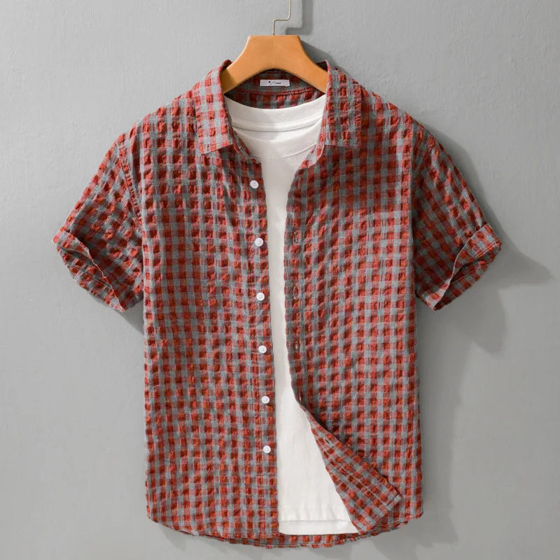 Loose Men's Summer Short Sleeve Shirt Japanese Style Plaid Casual Versatile Youth Trendy Crow Footprint Pattern Breathable Ma... 1