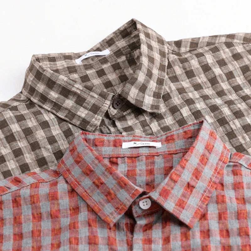 Loose Men's Summer Short Sleeve Shirt Japanese Style Plaid Casual Versatile Youth Trendy Crow Footprint Pattern Breathable Ma... 2