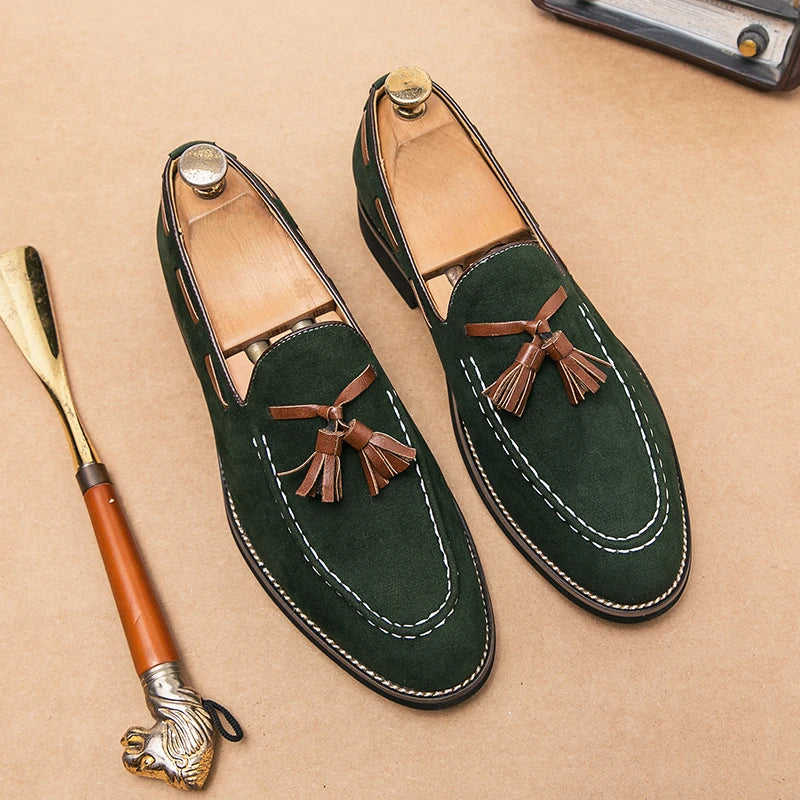 Men Loafers Imitation Suede Solid Color Tassel Decoration Low Heel Fashionable Hand Sewn Anti Slip Business Casual Shoes 1