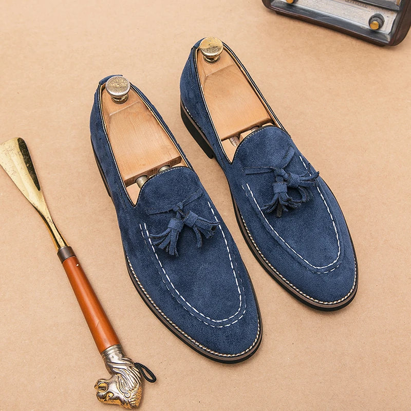 Men Loafers Imitation Suede Solid Color Tassel Decoration Low Heel Fashionable Hand Sewn Anti Slip Business Casual Shoes 2