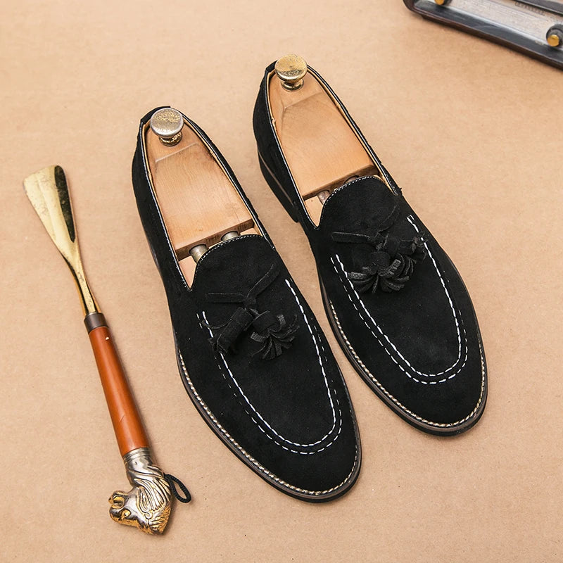 Men Loafers Imitation Suede Solid Color Tassel Decoration Low Heel Fashionable Hand Sewn Anti Slip Business Casual Shoes 3