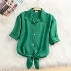 “Mira Bow-Front Tie Blouse in Cotton-Linen Blend” 0