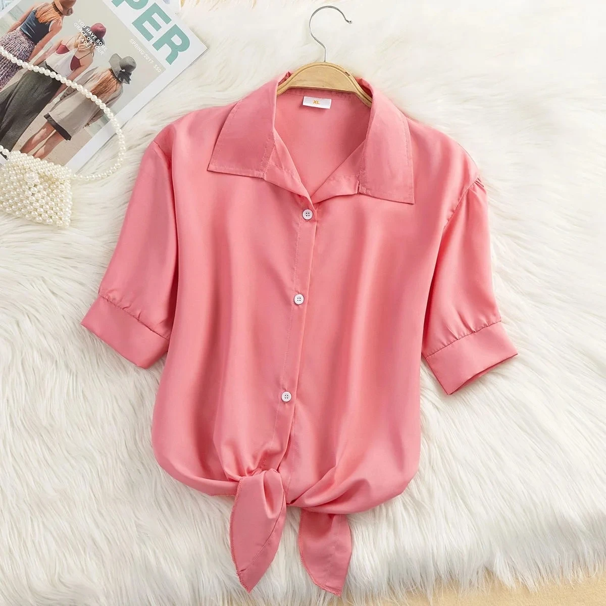 “Mira Bow-Front Tie Blouse in Cotton-Linen Blend” 1