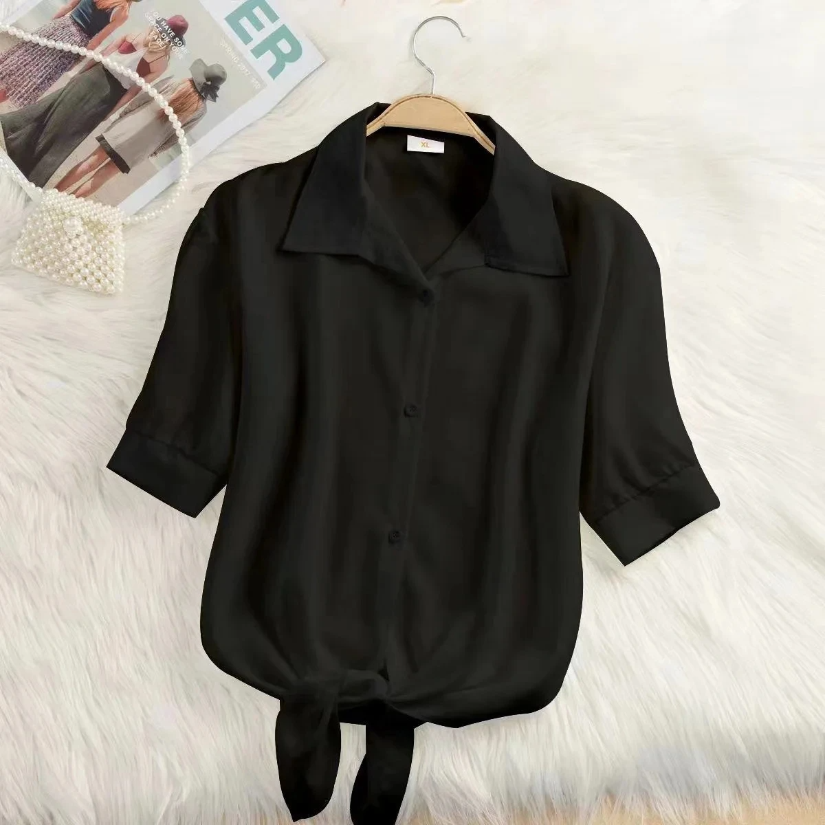 “Mira Bow-Front Tie Blouse in Cotton-Linen Blend” 2