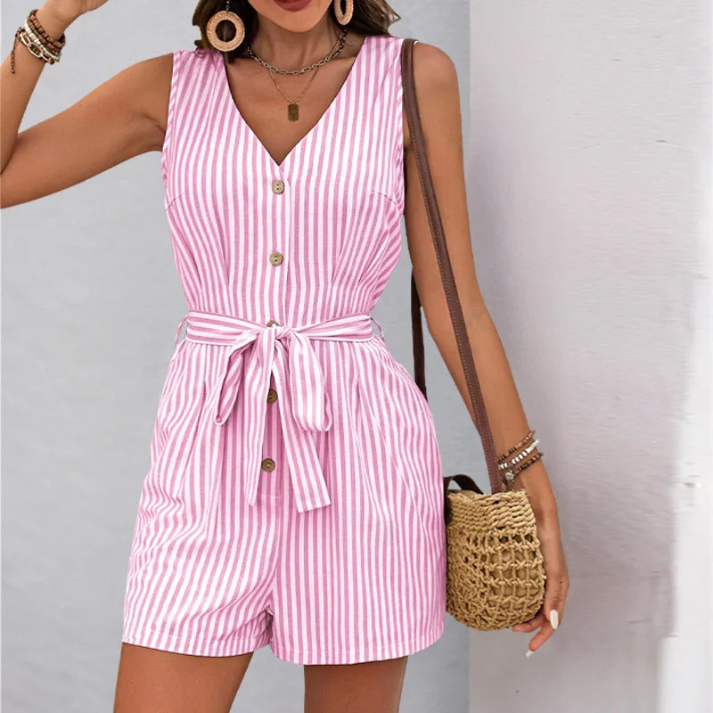 “Nina Striped Belted Womens Romper” 1