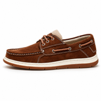 Sawyer Stitched Boat Shoes — Dark Brown — side profile