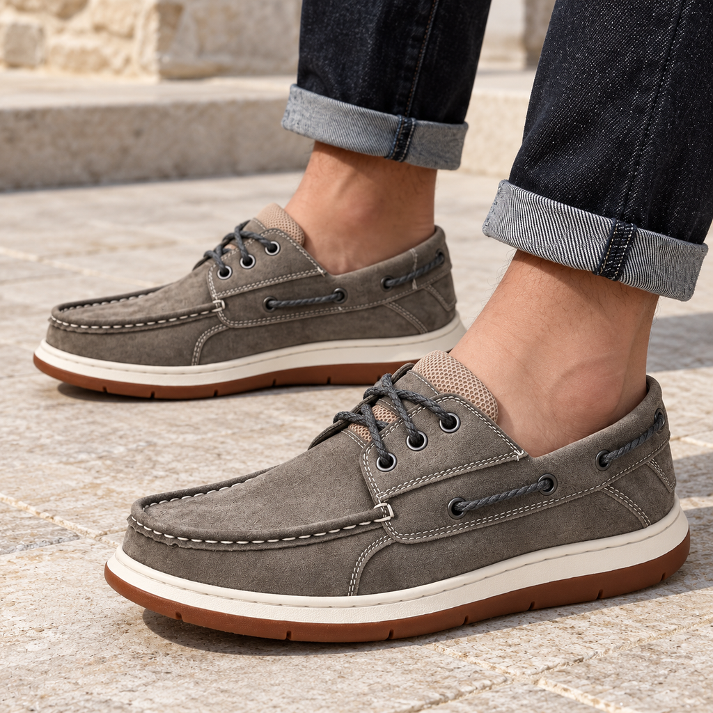 Sawyer Stitched Boat Shoes — Gray — on foot