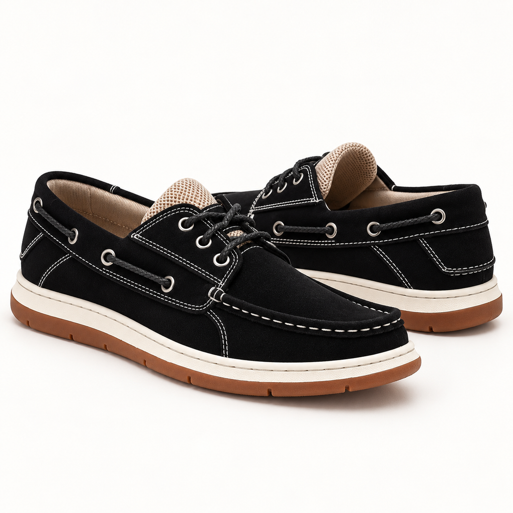 Sawyer Stitched Boat Shoes — Black — rear and collar