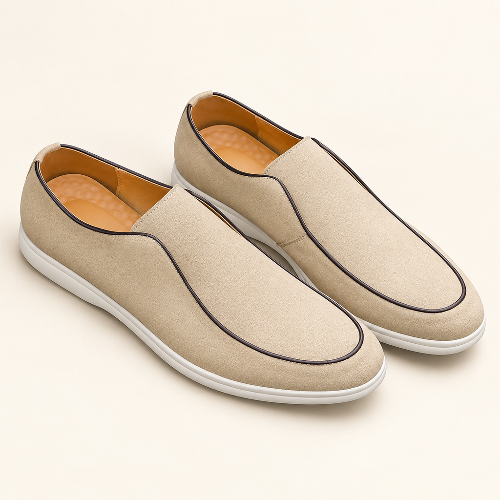 Amadeo Suede Driving Loafers — beige — studio