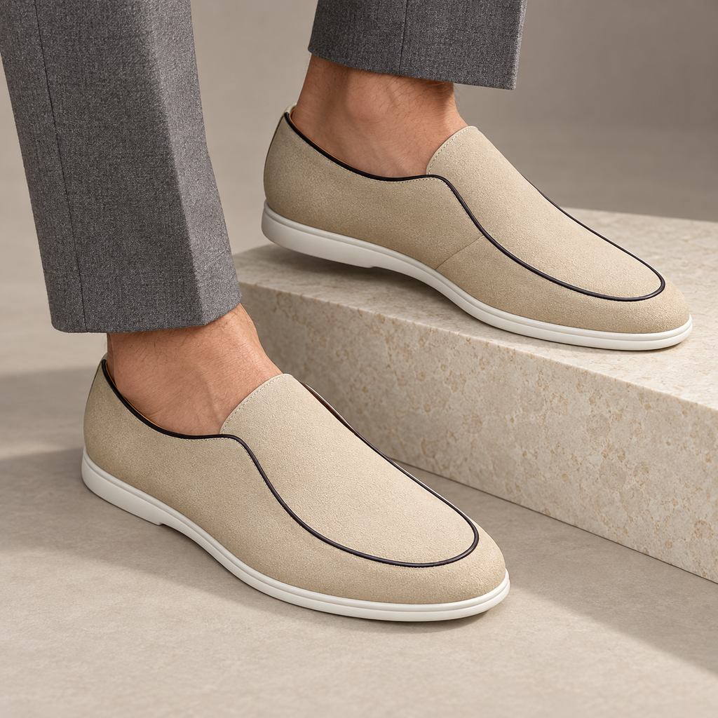 Amadeo Suede Driving Loafers — beige — worn