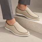 Amadeo Suede Driving Loafers — beige — worn