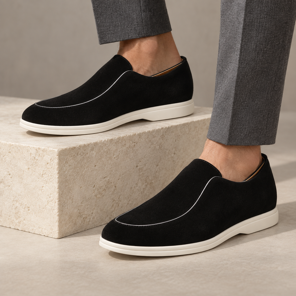 Amadeo Suede Driving Loafers — black — worn